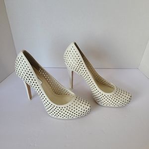 BCBG White Polka Dot Platform Heels, 7.5